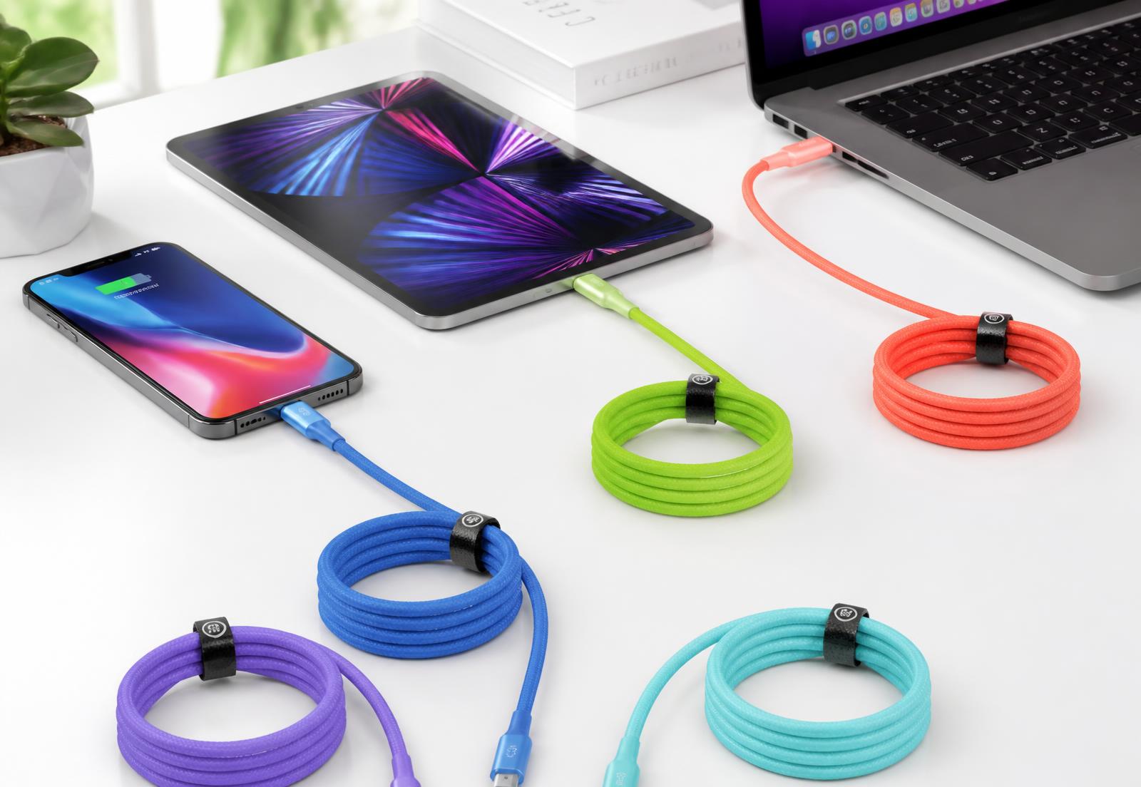 Colourful braided charging cables plugged into a phone, tablet and laptop on a white desk